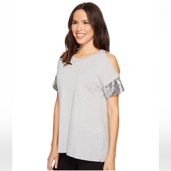 MICHAEL KORS Sequin Cold Shoulder Gray Short Sleeve Top - Picture 2 of 13
